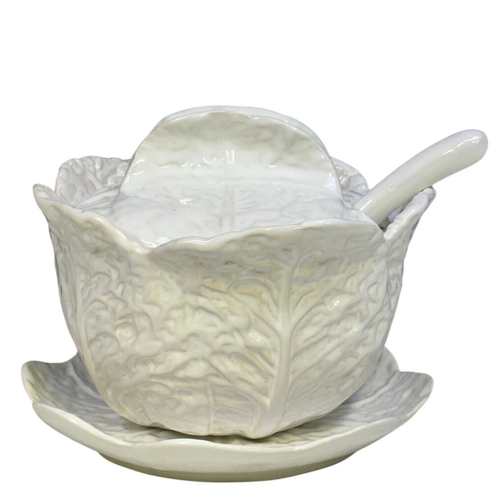 'Knobler' Majolica Portugal White Cabbage Covered Soup Tureen Underplate Ladle